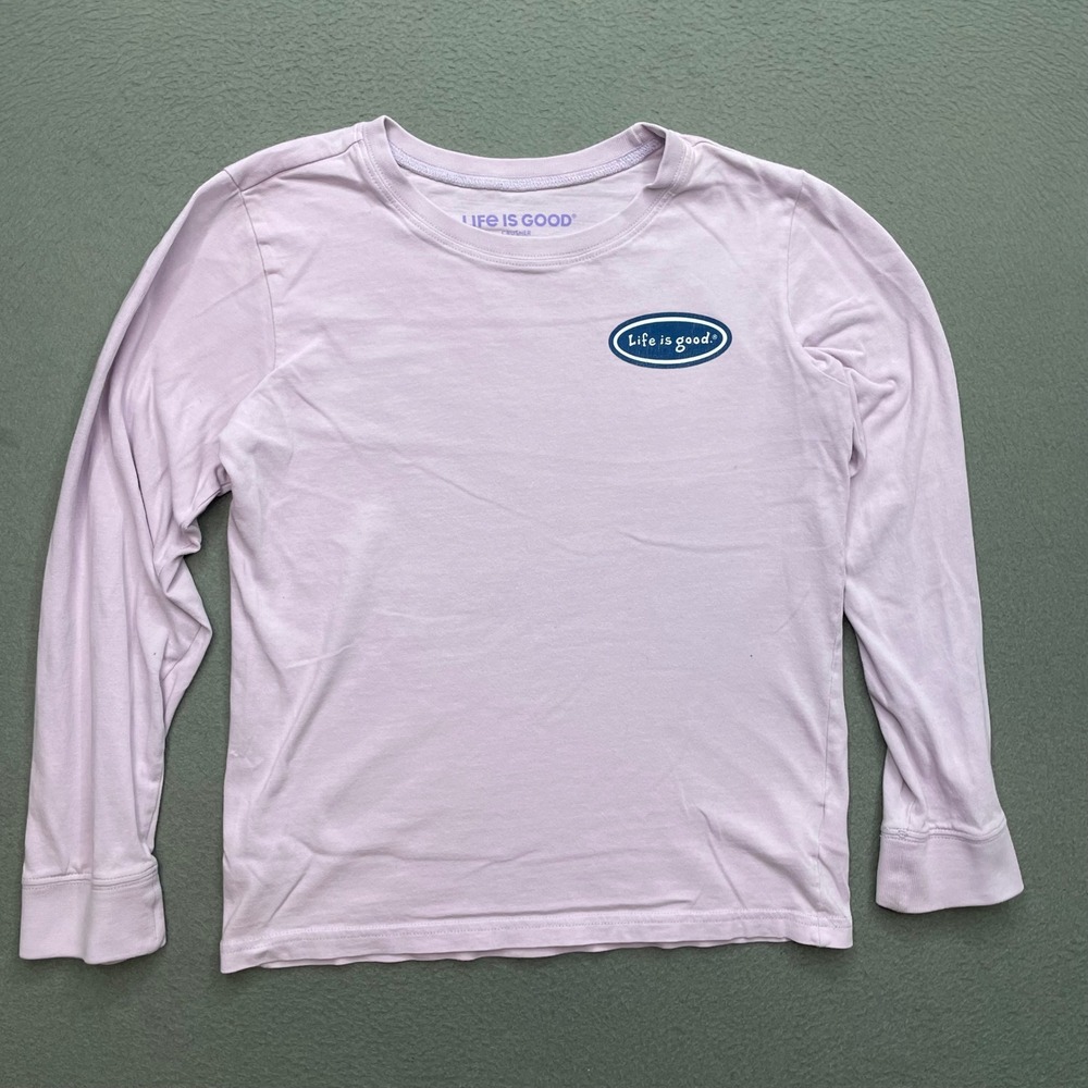 Life is Good Kids Long Sleeve Cotton Graphic Tee Lavender Large Casual Positive